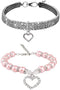 Rhinestones Dog Collar and Pearl Necklace Set, Adjustable Bling Full Diamond Crystal Collar for Small Dogs, Cats