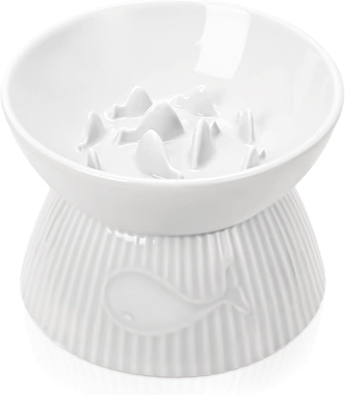 Elevated Slow Feeder Cat Bowl, Ceramic, Spill-Proof & Anti-Tipping, Easy to Clean, Raised for Dry & Wet Food