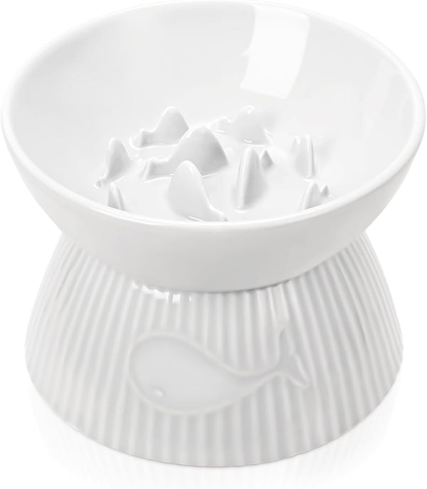 Elevated Slow Feeder Cat Bowl, Ceramic, Spill-Proof & Anti-Tipping, Easy to Clean, Raised for Dry & Wet Food
