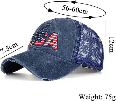 Patriotic USA Baseball Caps - Woman Man Washed Worn Out Mesh Sun Hat for 4th July (Size M)