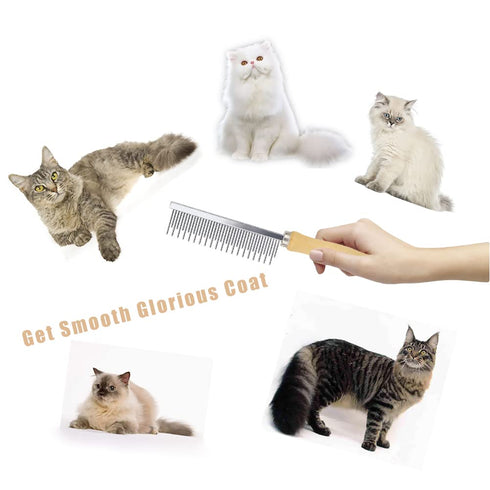 Dog Cat Comb Grooming Comb with Wooden Handle - Stainless Steel Teeth for Grooming Hairy Pets (Dual Teeth)