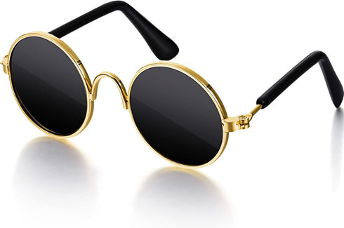 Dog Sunglasses - Retro Pet Glasses Classic Round Metal Eye Wear for Cats and Dogs, Cosplay Party Costume (Gold, Black)