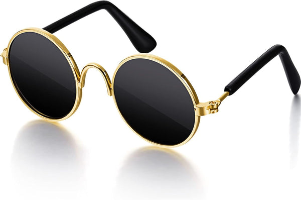 Dog Sunglasses - Retro Pet Glasses Classic Round Metal Eye Wear for Cats and Dogs, Cosplay Party Costume (Gold, Black)
