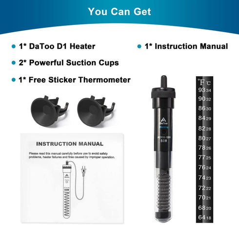 Adjustable 50W Submersible Fish Tank Heater, Electronic Chip Thermostat for Marine Saltwater and Freshwater