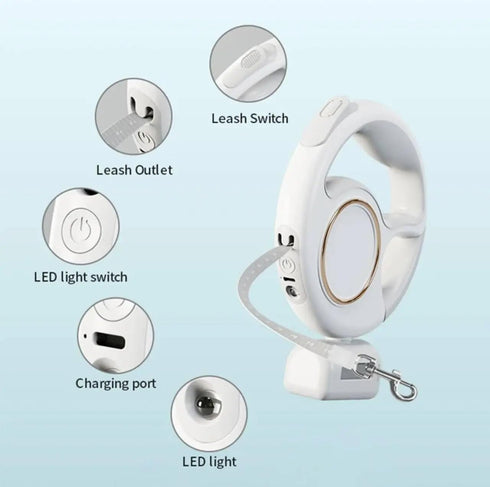 Best Dog Supplies Luxurious White LED-Retractable Dog Leash 10ft/3M - Rechargeable with LED Flashlight for Small &
