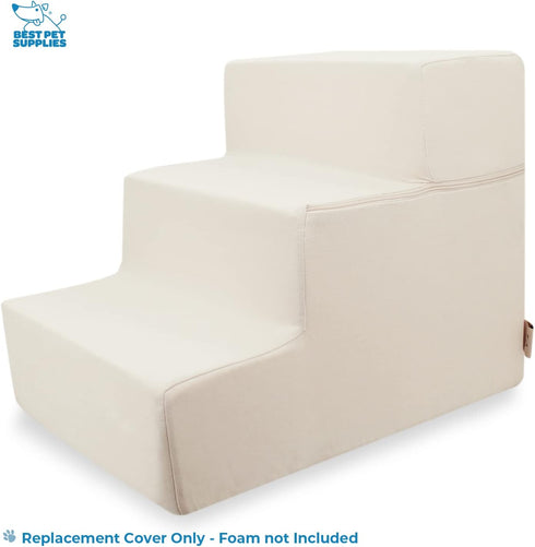 Best Pet Supplies 3-Step Foldable Pet Stairs Cover for Foam Dog Ramps, Plush Soft Fabric, Ivory, Non-Slip Surface