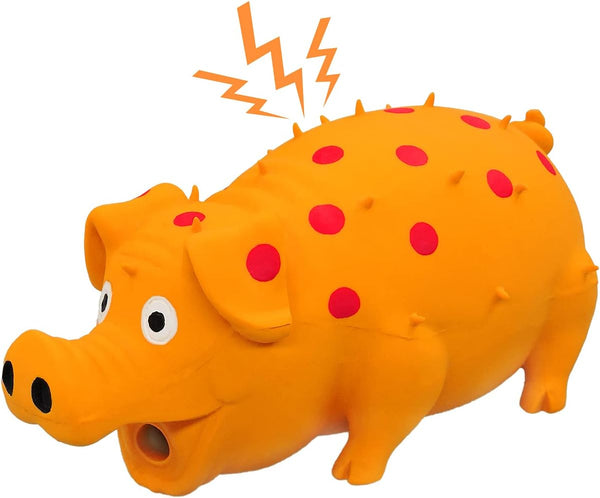 Andiker 8" Dog Squeaky Toy, Dots Latex Chew Toy with Oinks Sound, Grunting Pig for Dental Biting and Play (Orange)