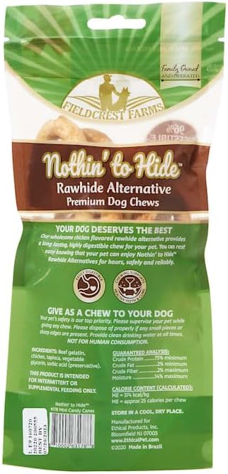 Fieldcrest Farms Nothin' to Hide Mini Holiday Candy Cane Chicken Flavor Chew Dog Treats, Dog Chews Stick - All Natural Rawhide Free, Easily Digestible - Long Lasting Chews for Dogs 2.1 oz., 6-Count