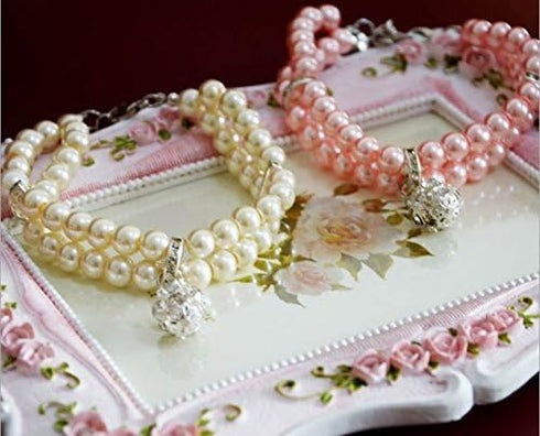 2 Row Pearls Rhinestones Pet Necklace Collar Jewelry for Cats & Small Dogs, Bling Crystal Ball Charm, White, 8 to