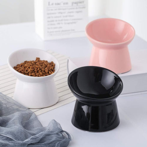 Black Small Ceramic Raised Cat Bowls, Tilted Elevated Food or Water Bowls, Stress Free, Dishwasher & Microwave Safe