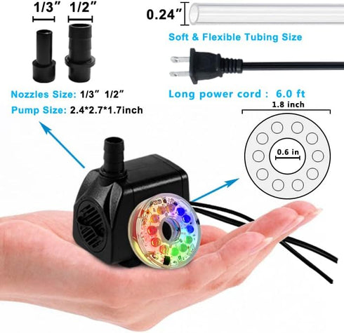 PULACO 10Watt 160GPH Submersible Fountain Pump with Automatic Color Changing LED Light