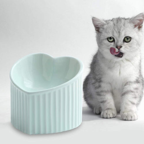 Green Ceramic Raised Cat Bowls, Tilted Elevated Food or Water Bowls, Dishwasher and Microwave Safe, Lead Free