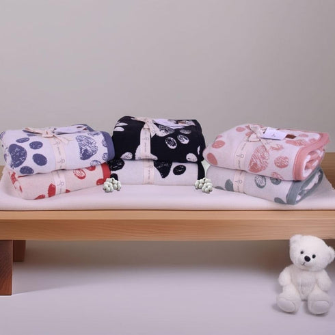 100% 30"x40", Small Pet Blanket - Organic Cotton, Double Layer Plush Sherpa, Soft Plush, Blue Paw Jacquard Knit, Small