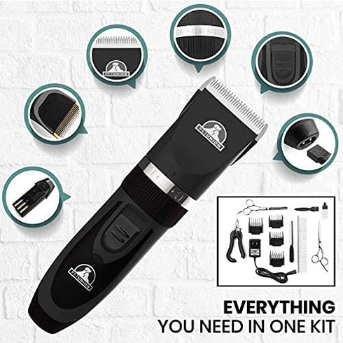 Pet Union Professional Dog Grooming Kit - Cordless Low Noise Clippers for Thick Coats, Includes Nail Trimmer & Shears