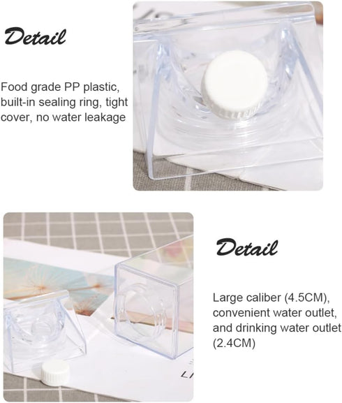 Peosaard 1000ml Milk Carton Water Bottle, Clear Square Milk Bottle, Plastic Clear Water Bottle Leak-Proof Milk Carton