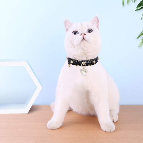 PetsHome Bling Rhinestones Cat Collar, PU Leather Adjustable Pet Collar with Luxury Pendant for Extra Small Dog and