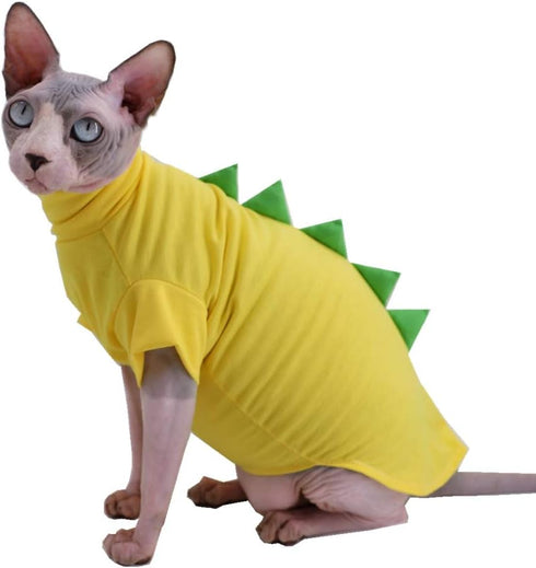 Dinosaur Design Sphynx Hairless Cat Clothes - L (6-8.8 lbs) | Cute Breathable Summer Cotton Shirts, Cat Costume