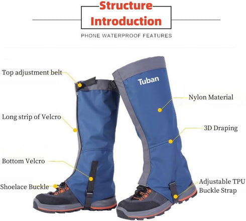 Waterproof Gaiters for Hiking, Lightweight Adjustable Leg Gaiters for Men Women, Suitable for All Seasons