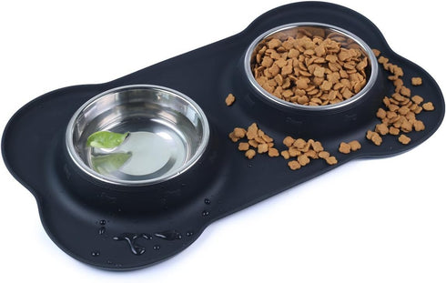 Pet Deluxe Dog Bowls, Stainless Steel with No Spill Skid Resistant Silicone Mat, 24oz and 48oz Set