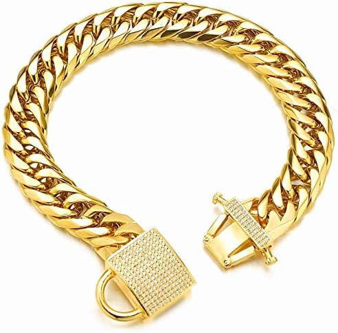 Strong Double Cuban Link Gold Dog Chain Collar with Zirconia Lock, Stainless Steel 16MM for Medium Large Dogs (24'')