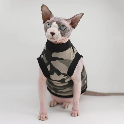 Sphynx Hairless Cat Summer Cotton T-Shirts, Round Collar Vest for Cats & Small Dogs (Medium, Black Camo)