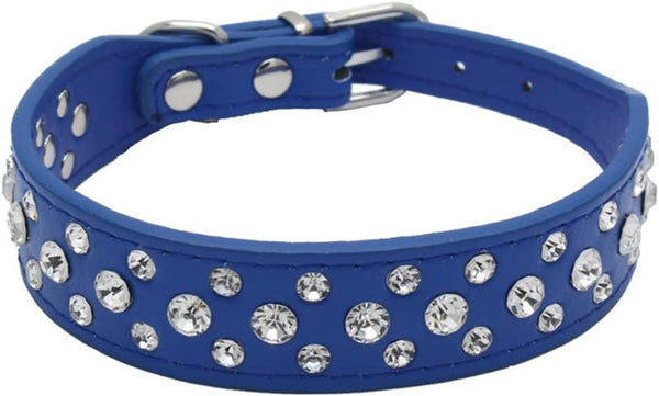Rhinestone Dog Collar, Bling PU Leather Crystal Diamond Collar for Black S M L XL Dogs, Dark Blue
