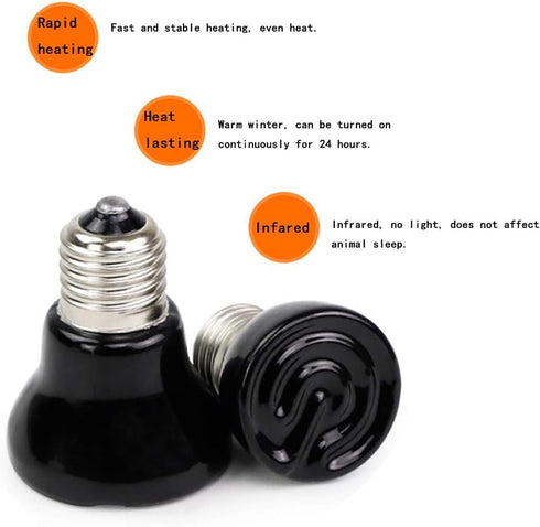 50w Reptile Heat Lamp Bulb 2 Pack, Infrared 50 Watt Ceramic Heat Emitter for Brooder Coop, No Light (Black)