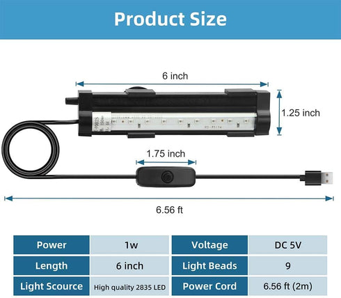 DaToo 6Inch IP68 Submersible Aquarium Light Fish Tank Light Bubbler Wall with Air Bubble Hole Waterproof Color Changing