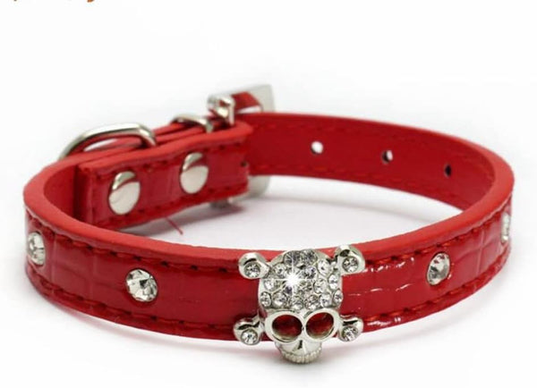 Cute Dazzling Sparkling Elegant Skull Diamond Crystal Rhinestone Leather Collar for Small Pet Dog Cat (S, Red)