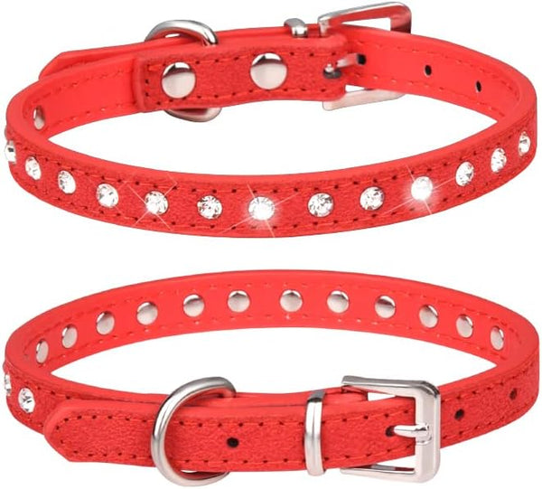 Suede Leather Rhinestone Dog Collar, Colorful Bling Crystal Diamond for XS Small Pets, Red