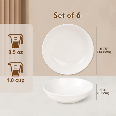 Ceramic Cat Food Bowl Set - Wide Shallow Cat Bowl for Whisker Fatigue Relief - Cute Cat Feeding Bowls - Flat Cat Dish - Cat Plates - Microwave and Dishwasher Safe - 6 Pack - 8.5 oz - 5.75 inch - White