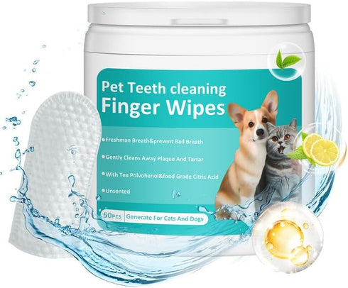 PITHER Dog Teeth Cleaning Wipes, Disposable Gentle Dental Finger Wipes for Dogs & Cats, 50 Counts for Freshening Breath
