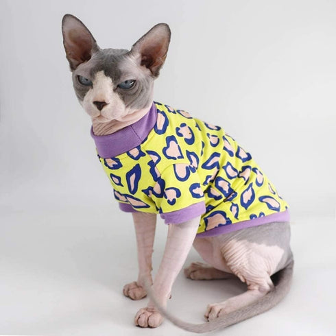 Sphynx Hairless Cat Cute Summer Cotton T-Shirts, Round Collar Kitten Shirts Cats Apparel (Leopard, X-Large)