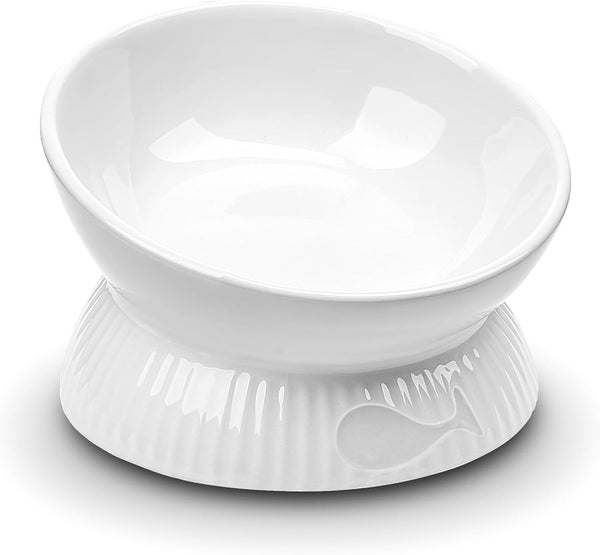 Ceramic Elevated Cat Bowl, Tilted Anti Vomiting Design, Spill-Proof, Dishwasher Safe, Raised Bowls for Indoor Cats,