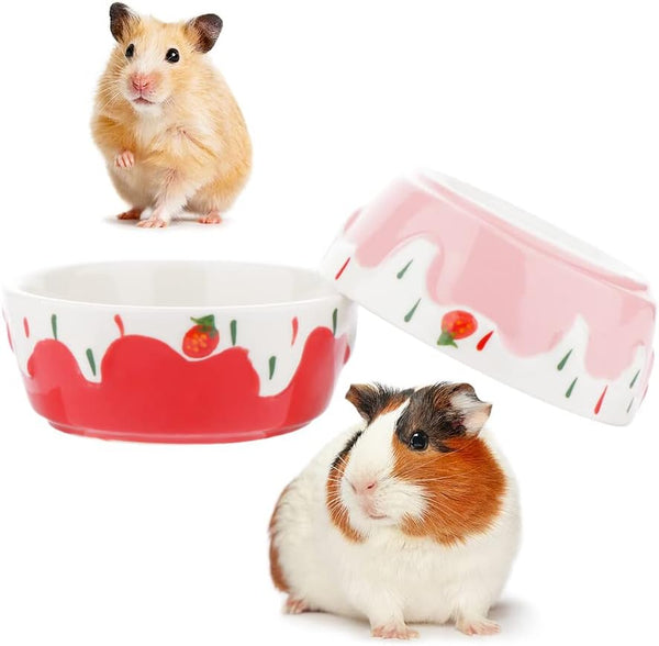 2 Pcs Hamster Ceramic Bowl, Anti-Turning Food Water Bowl for Small Animals, Pink and Red