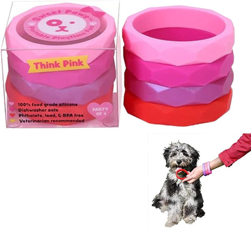 Sweet Paws Puppy Teething Bracelet Stack, 4 Pack, Wearable Silicone Dog Chew Toys for Small/Medium Dogs (Think Pink)