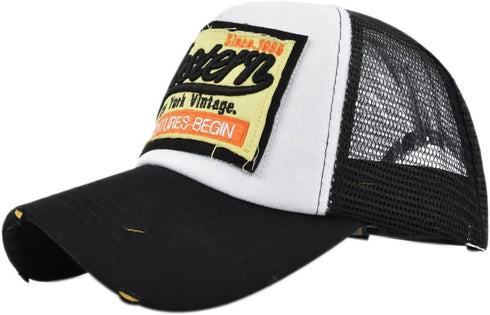 Vintage Half Mesh Baseball Cap, Washed Denim Trucker Hat with Embroidery Adjustable Unisex