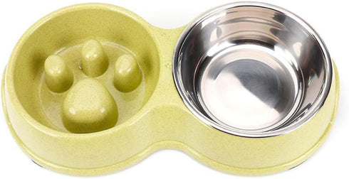 Tineer Double Pet Dog Slow Feeder Bowl, Stainless Steel Anti-Choke Puppy Food and Water Feeder for Cats (Green)