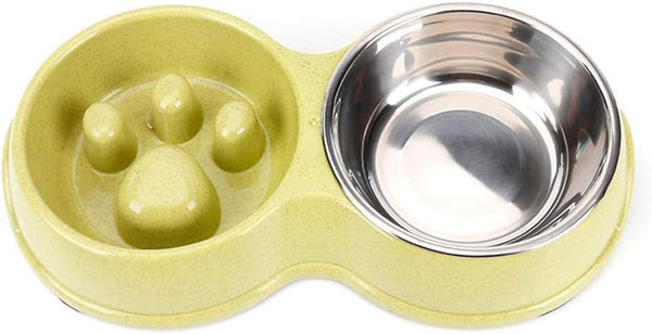 Tineer Double Pet Dog Slow Feeder Bowl, Stainless Steel Anti-Choke Puppy Food and Water Feeder for Cats (Green)