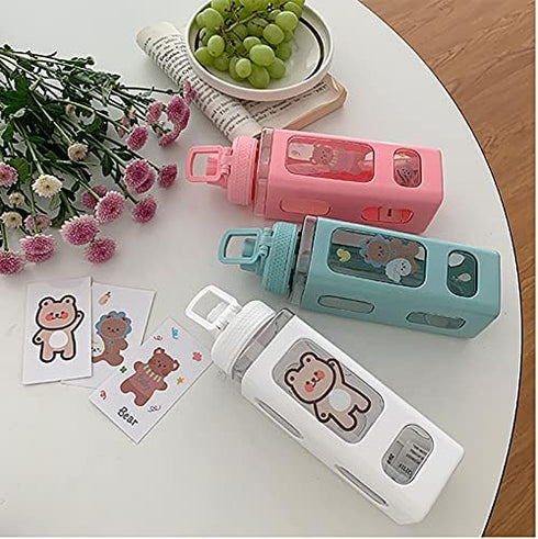 Kawaii Bear Water Bottle With Straw, Portable Square Drinking Bottle for Girl, Cute Juice Tea Water Cups (700ml, Pink)