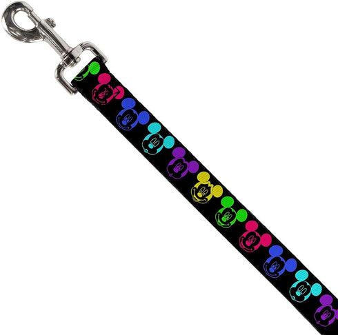 Buckle-Down Pet Leash - Mickey Expressions Black/Multi Neon - 6 Feet Long - 1" Wide