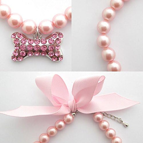 Fancy Pearls Crystal Dog Necklace Jewelry with Bling Rhinestones Big Bone Charm for Small Dogs, Pink