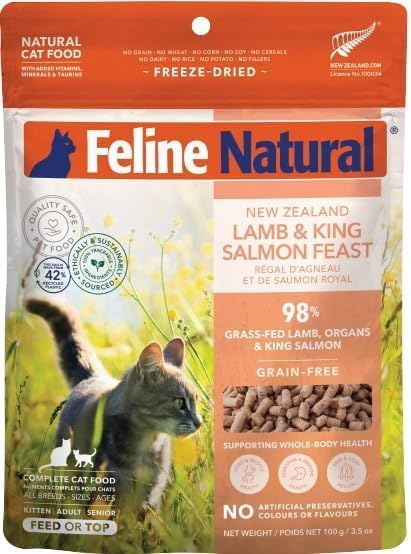 Feline Natural High Protein Dry Cat Food, Freeze-Dried Diet with 98% Meat, Lamb & King Salmon, 3.5oz