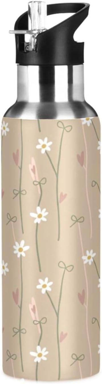 Wassud Water Bottle Warm Beige Floral Stainless Steel Sport Water Bottle with Straw