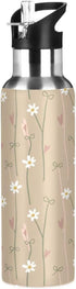 Wassud Water Bottle Warm Beige Floral Stainless Steel Sport Water Bottle with Straw
