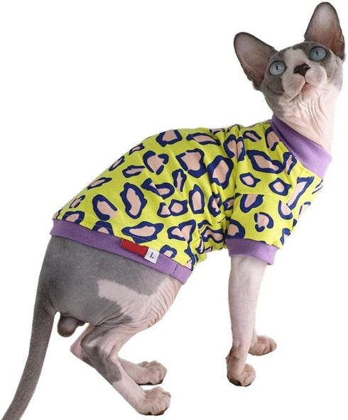 Sphynx Hairless Cat Cute Summer Cotton T-Shirts, Round Collar Kitten Shirts Cats Apparel (Leopard, X-Large)