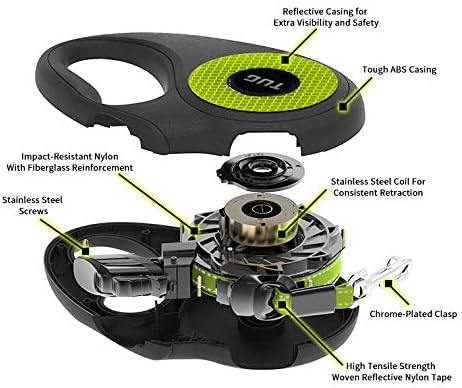 TUG 360° Tangle-Free Reflective Retractable Dog Leash - 16 ft Strong Nylon Tape (Small)