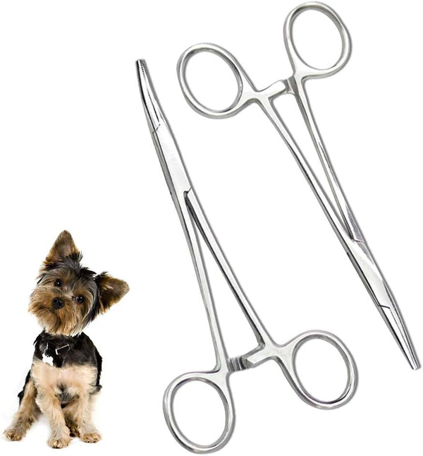 2pcs Set Pets Ears/Nose Hair Puller - Straight & Curved Full Serrated Stainless Steel Hemostat Locking Forceps