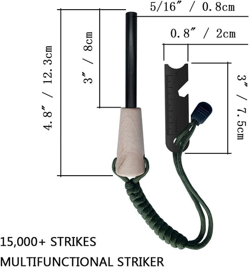 Fire Starter Survival Kit with Larger Ferro Rod, Striker Lanyard, 3in Long Flint and Steel, Multifunctional Bag