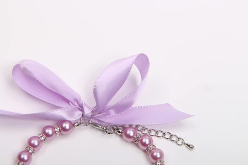 Dog Cat Pearls Necklace Collar with Bling Accessories and Ribbon Bow, Pet Jewelry for Female Dogs Cats, Small Medium
